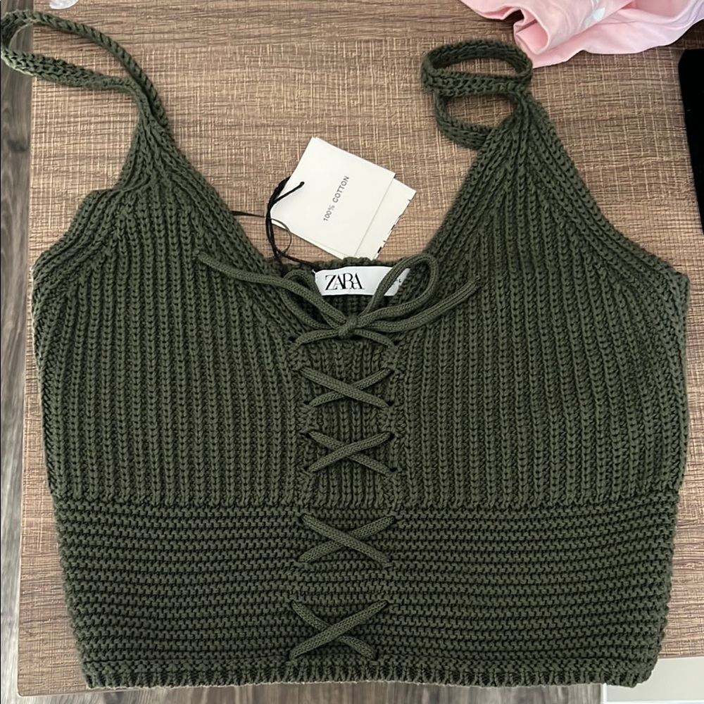 Zara Olive Green Knit Lace-Up Top